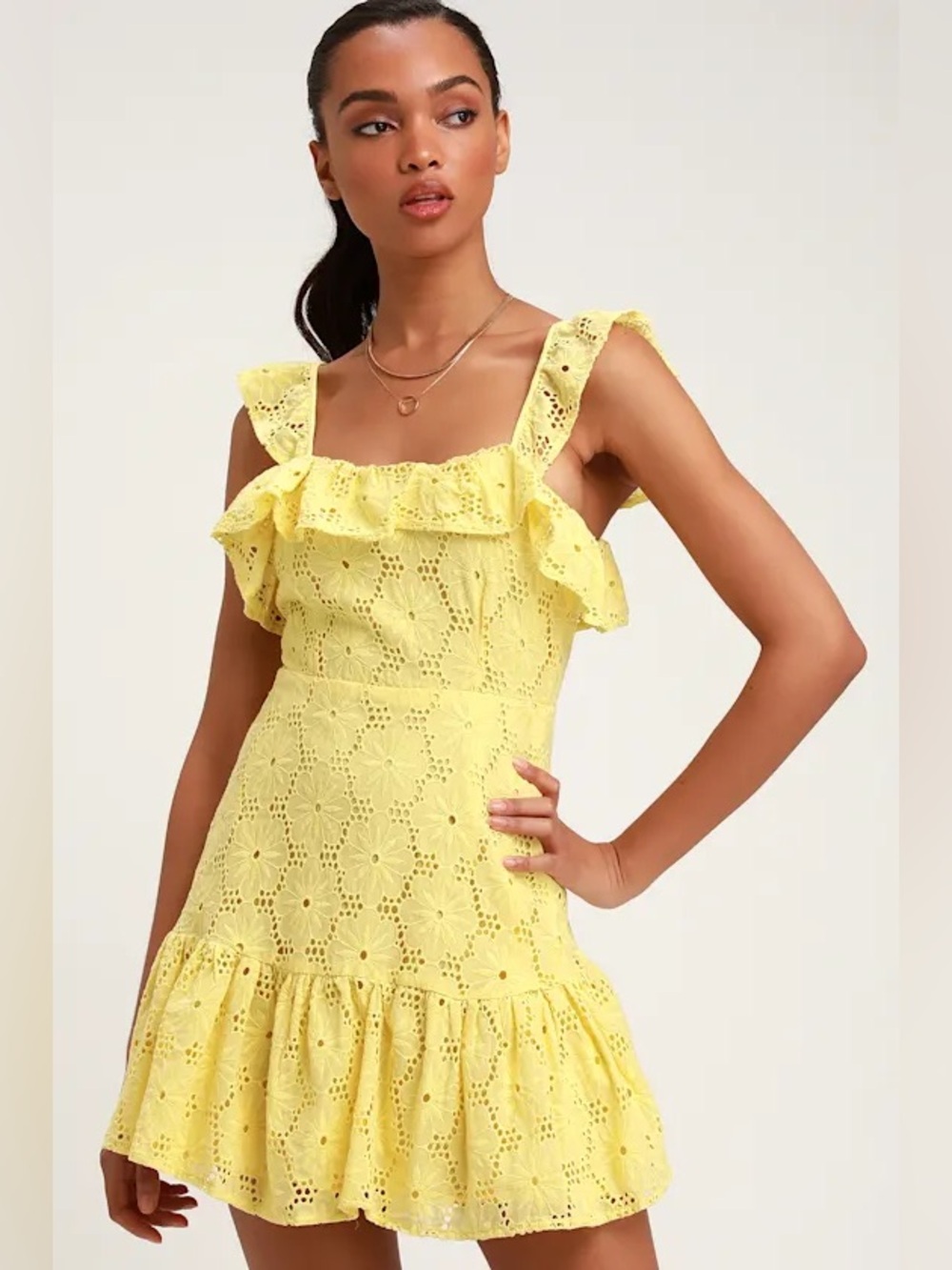 Lulus Biscay Yellow Ruffled Eyelet Lace Sleeveless Dress